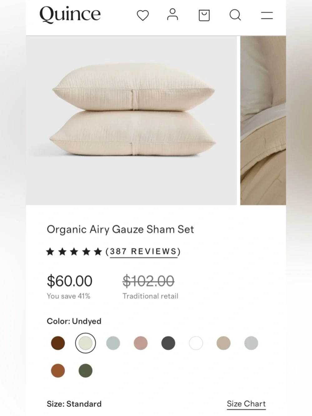 NWT Quince Organic Airy Gauze Queen Sham Set of 2 in Undyed